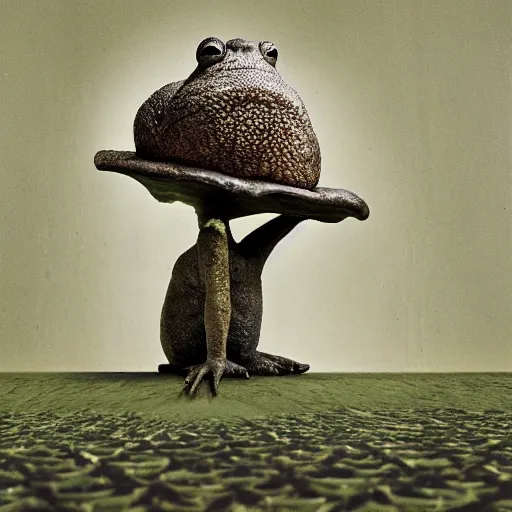 Image similar to toad philosopher in the pose of a thinker, swamp, hyperrealism, symmetric, by Irving Penn, bokeh top cinematic lighting , cinematic mood, very detailed, shot in canon