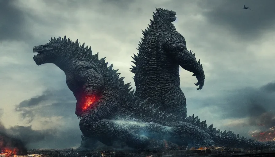 Prompt: Godzilla alone walking towards the horizon in a ruined city, hyperdetailed, artstation, cgsociety, 8k