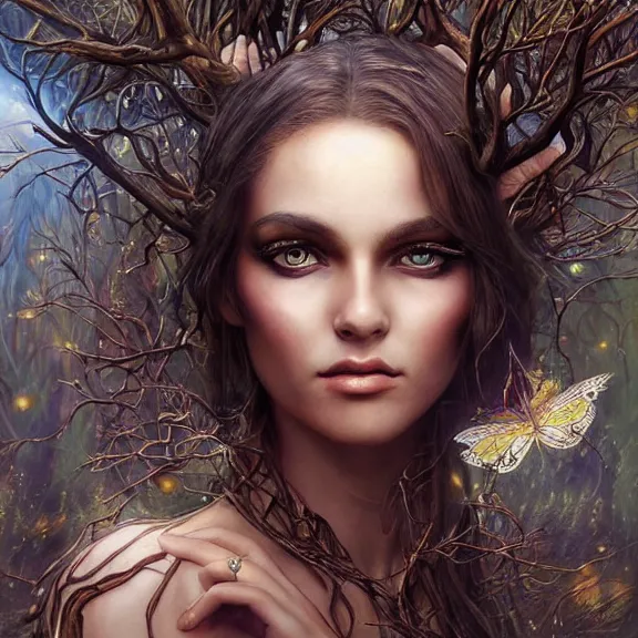 Image similar to a higly detailed full body shot portrait painting of a sorceress with piercing beautiful eyes, standing in a forest meadow, morning, dynamic lighting, ambient lighting, deviantart, art by artgerm and karol bak and mark brooks