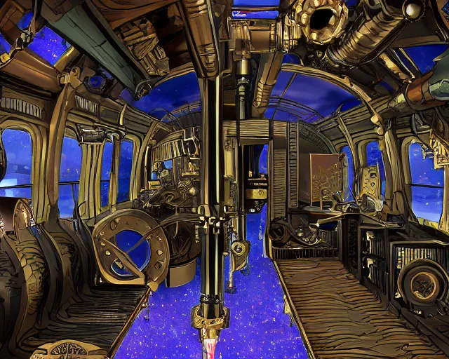 Image similar to steampunk train in space, Style of Ian Hubert