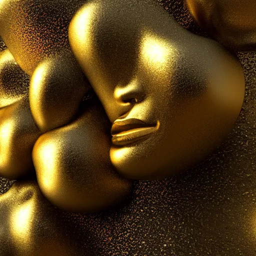 Image similar to 3 d fluid simulation render, octane render, xparticles, black latex and golden colors, female bodies, abstract sculpture