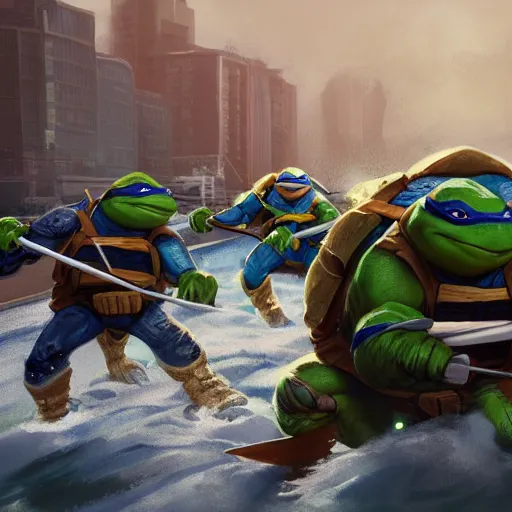 Prompt: the ninja turtles surfing on snow, digital art, trending in artstation, cinematic lighting, studio quality, smooth render, unreal engine 5 rendered, octane rendered, art style and nixeu and wlop and krenz cushart