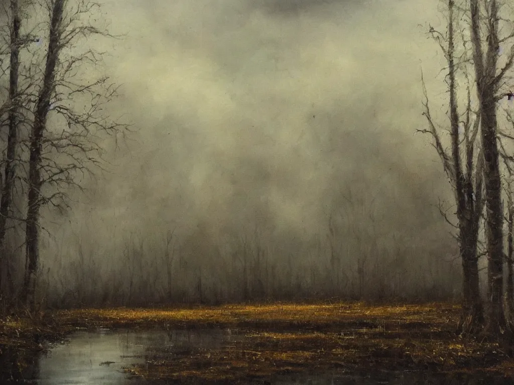 Prompt: Landscape oil painting of a eery swamp, grimey, romantic style, masterful technique, dark lighting with sharp sunlight from the side