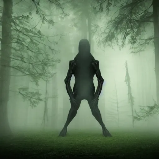 Image similar to a long shot of a ominous alien being standing in a forest, detailed, mythical, mist, depressing, tired, dark, lush, nature, mist, mystery, glows, somber, dismal, fog, heavy fog, dark lighting, rim light, glow, ambient light,