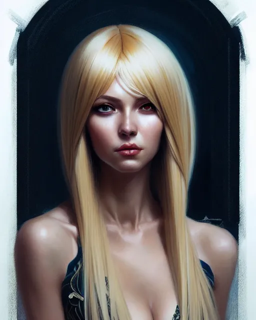 Prompt: paulina andreeva ( better than us ) portrait, blonde, straight hair wig, fantasy, intricate robotic designs, elegant, highly detailed, sharp focus, art by artgerm and greg rutkowski and wlop