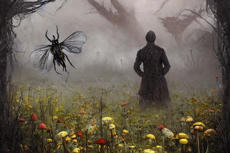 Prompt: surreal painting by greg rutkowski and enki bilal!!, garden wild flowers + poison toxic mushrooms + long grass + garden dwarfs + giant fly! + mystic fog, 5 0's vintage sci - fi style, rule of third!!!!, cinematic, 8 k, super detailed, high quality, beautiful dynamic dramatic very dark moody contrast