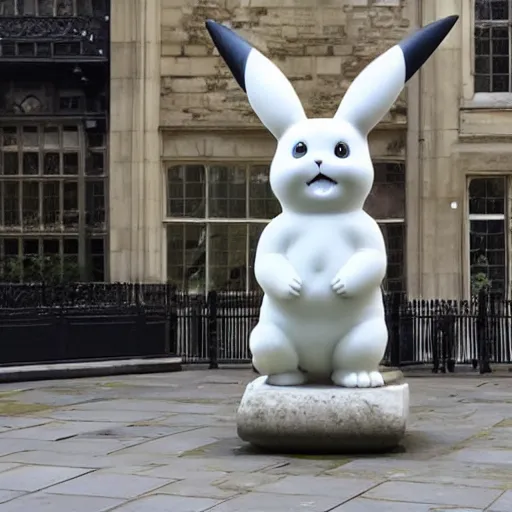 Prompt: a large white marble statue that looks like pikachu, in London