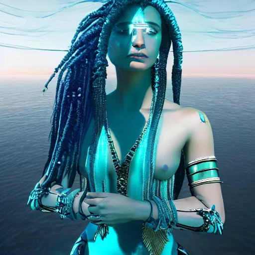 Image similar to unreal engine, octane render, 8 k, sandro botticelli portrait of egyptian sumerian goddess princess intergalactica, nautical siren, lady of elche, queen of heaven, techno mystic goddess, with aqua neon dreadlocks, teal eyebrows encrusted with diamonds, wearing iris van herpen haute couture, star - gate of futurisma,