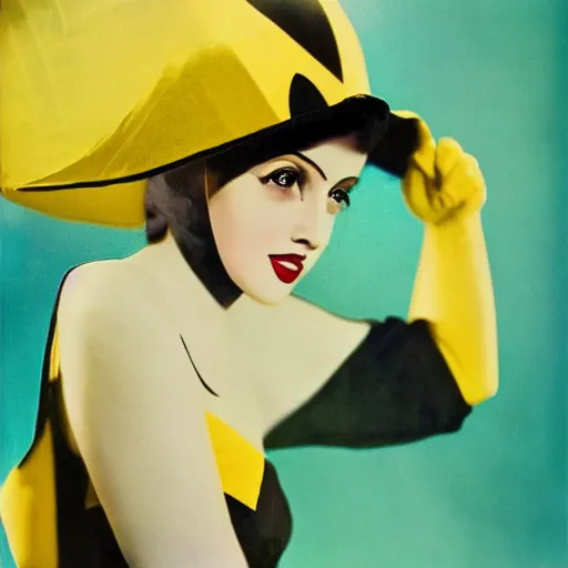 Image similar to elegant woman dressed up as pikachu, art photo in color Frantisek Drtikol, digital photo, clean, sharp, smooth, glossy color photo, Nikon Sigma art, photoshop, ai processed