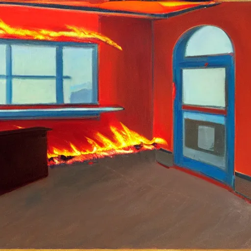 Prompt: petrol can in a burning school classroom on fire style of edward hopper. red gasoline can.