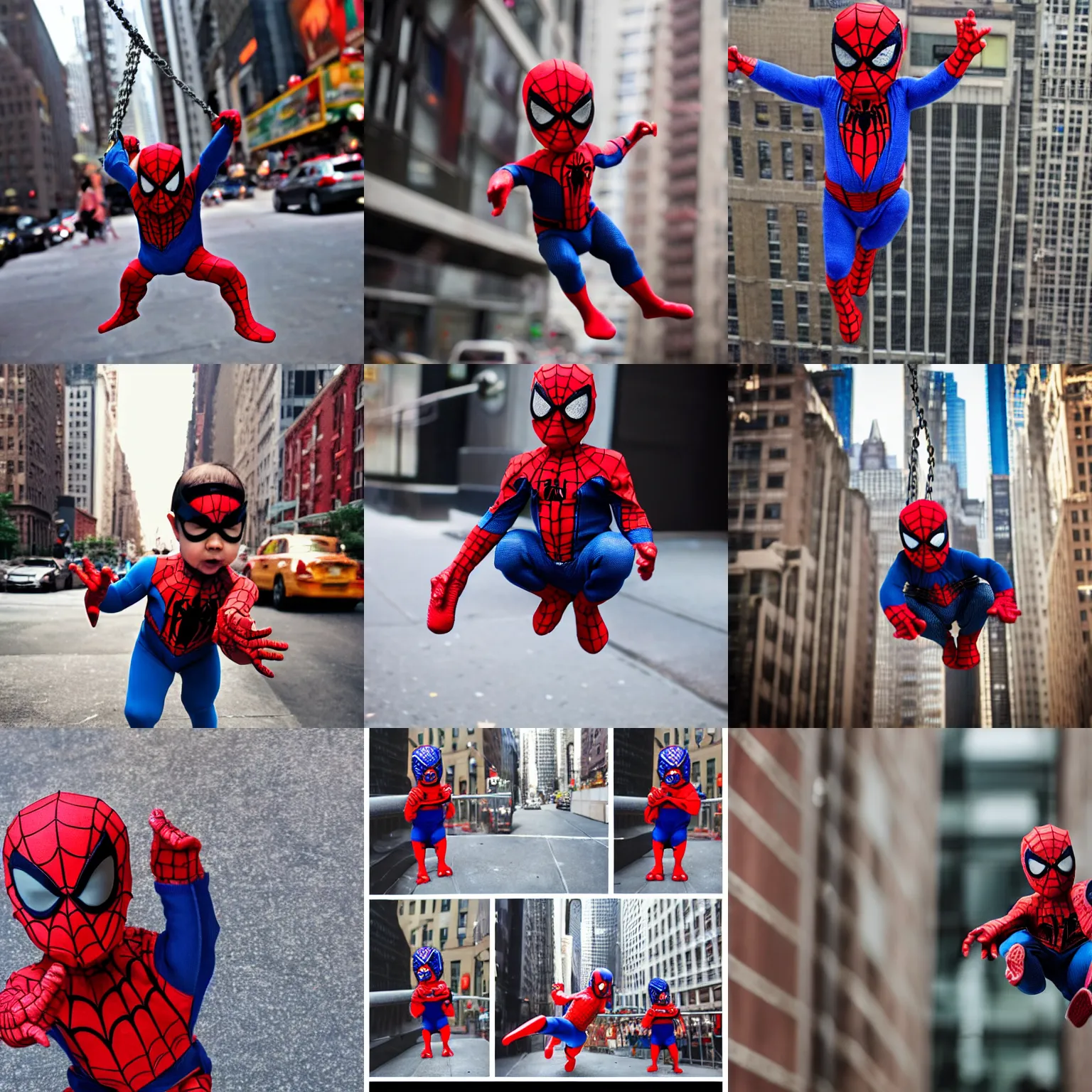 Prompt: baby spiderman swinging through nyc