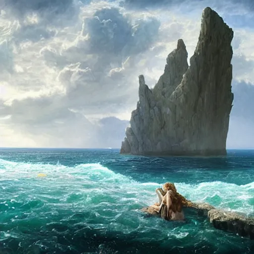 Image similar to a highly detailed tarot card of poseidon revealing himself, riding a horse out of the ocean woman sitting in the sand watching the ocean, epic fantasy, god rays, rocky beach, ultrawide lense, aerial photography, unreal engine, exquisite detail, 8 k, art by albert bierstadt and greg rutkowski and jeong seon