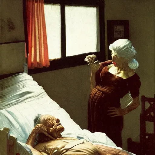 Prompt: built physique elderly cyborg weeping desperate grandma trying to figure out how to order an online pizza sitting within the hospital bed glaring at her lenovo thinkpad laptop t 4 1 0 8 gb ram norman rockwell rembrandt vermeer winslow homer thomas eakins lucian freud edward hopper oil painting anachronistic realism