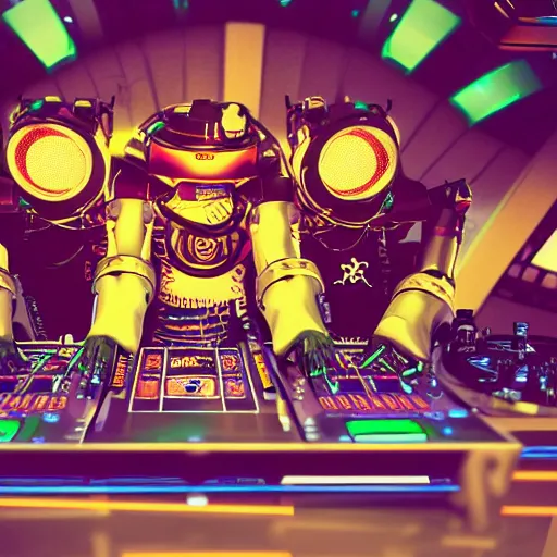 Image similar to album art, text : roborock, 3 steampunk spaced out robots on a dj desk with a cd mixer, 8 k, flourescent colors, halluzinogenic, multicolored, exaggerated detailed, front shot, 3 d render, octane