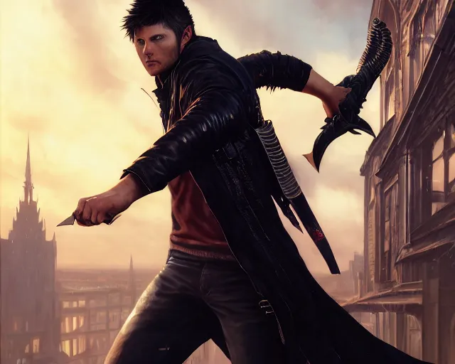 Prompt: highly detailed portrait of jensen ackles as dante, in devil may cry 5, stephen bliss, unreal engine, fantasy art by greg rutkowski, loish, rhads, ferdinand knab, makoto shinkai and lois van baarle, ilya kuvshinov, rossdraws, tom bagshaw, global illumination, radiant light, detailed and intricate environment