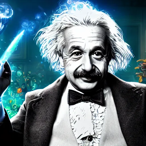 Image similar to portrait of albert einstein as willy wonka, league of legends amazing splashscreen artwork, fantasy, splash art, natural light, elegant, photorealistic facial features, intricate, fantasy, detailed face, atmospheric lighting, anamorphic lens flare, cinematic lighting, league of legends splash art, hd wallpaper, ultra high details by greg rutkowski