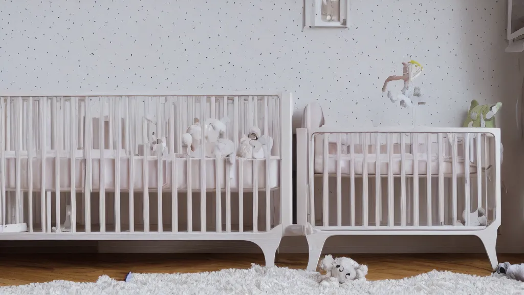 Prompt: rollei sample photo of a c baby crib and a mobile toy