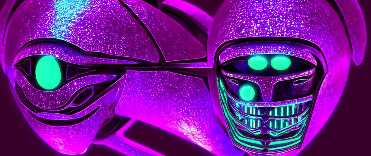 Prompt: high quality photo glowy iridescent cyborg scarab! jeweled gorgeous! highly detailed digital art david ligare peter zumthor cinematic purple neon lighting high quality low angle hd 8k sharp shallow depth of field