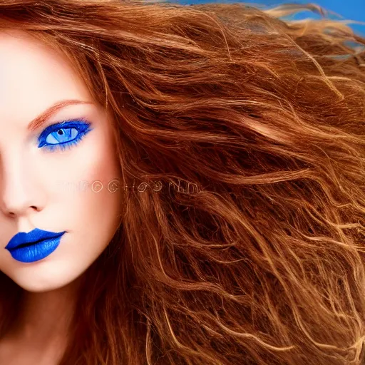 Image similar to Close up 35mm nikon photo of the left side of the head of a blond photomodel with gorgeous blue eyes and wavy long red hair, who looks directly at the camera,.