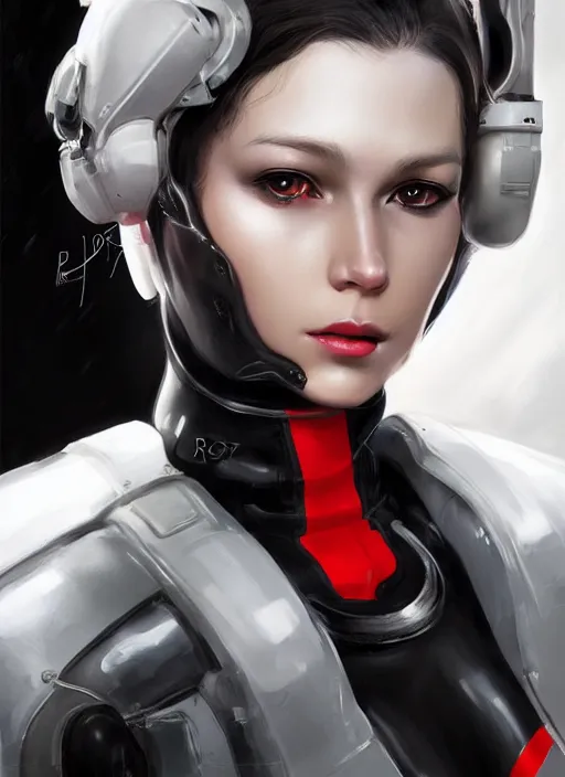 Image similar to Portrait of a female mech pilot in a black latex bodysuit, by Charlie Bowater, Ross Tran, WLOP, highly detailed, monotone, red highlights