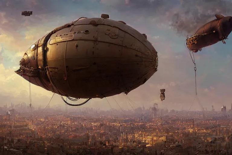 Image similar to a pig blimp hybrid, steampunk, digital art, extremely detailed, flying over a city, greg rutkowski, cinematic