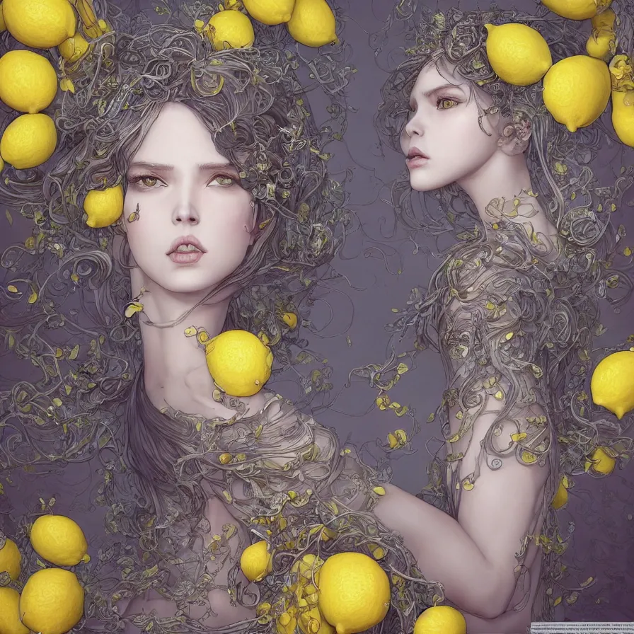 Image similar to the portrait of a sensual lemon personified as an absurdly beautiful, graceful, elegant, sophisticated, young woman made up of lemons, an ultrafine hyperdetailed illustration by kim jung gi, irakli nadar, intricate linework, bright colors, octopath traveler, final fantasy, unreal engine 5 highly rendered, global illumination, radiant light, detailed and intricate environment