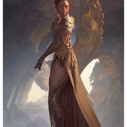 Image similar to fullbody portrait of a fantasy female warrior, intricate, elegant, highly detailed, digital painting, artstation, concept art, matte, sharp focus, illustration, art by Artgerm and Greg Rutkowski and Alphonse Mucha