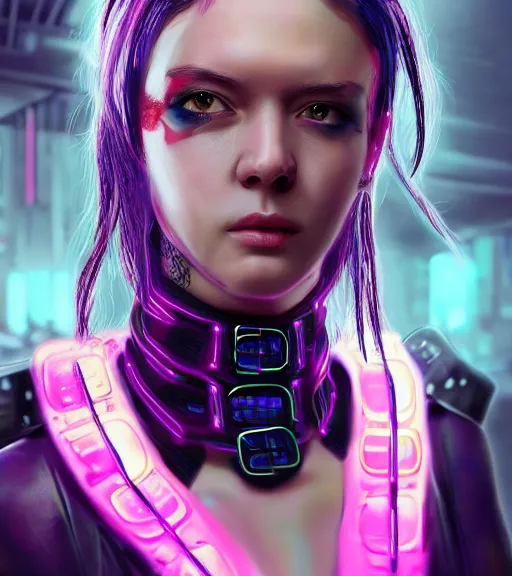 Image similar to detailed realistic female character cyberpunk wearing thick technological collar around neck, realistic, art, beautiful, 4K, collar, choker, collar around neck, punk, artstation, detailed, female, woman, choker, cyberpunk, neon, punk, collar, choker, collar around neck, thick collar, tight around neck, punk,