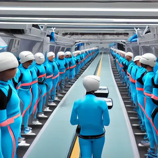 Image similar to troop in formation of athletic humans with light blue neoprene suits and white hair formation on a conveyor belt, futuristic laboratory, sci - fi, highly detailed, hyperrealistic