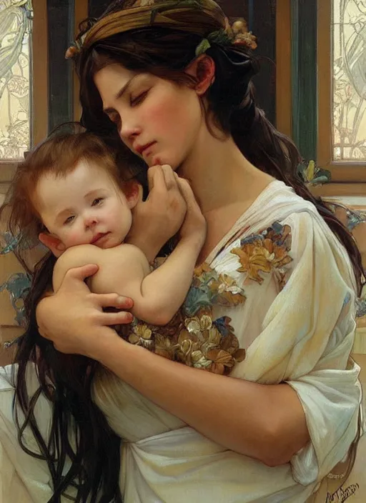 Image similar to a beautiful painting of a mother cradling her baby, stunning painting by by artgerm and greg rutkowski and alphonse mucha