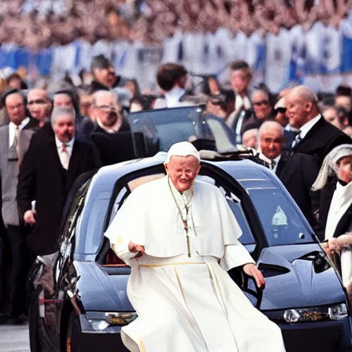 Prompt: a high-quality photo of john paul II doing a sick drift in his popemobile