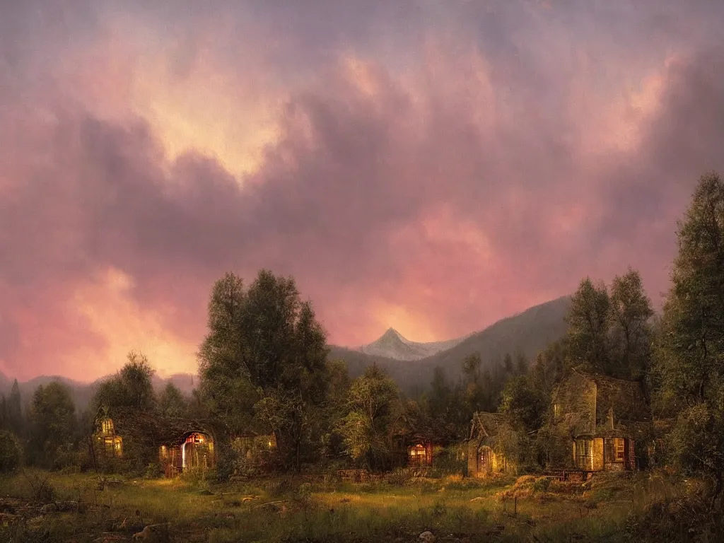 Prompt: a single witchhouse with lighted windows in a woodland, mysty mountain in the background, evening mood, pink clouds in the sky, by clive madgwick