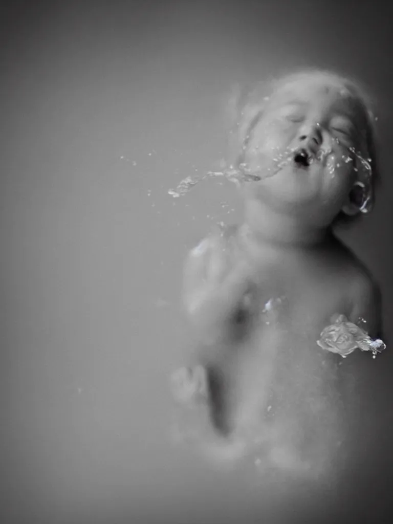 Prompt: analog photographic portrait with 5 0 mm lens and f / 1 2. 0 of a 1 years old woman woman with her eyes closed and spurting from her mouth a white viscous fluid floating in the air. with a slight variation of light in the liquid and gesture.