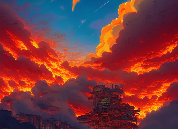 Prompt: a fiery apocalypse to end the human race, 4 k digital paint by studio ghibli hayao miyazaki. vivid colours, vaporwave lighting style, very sharp and detailed. trending on artstation and behance.