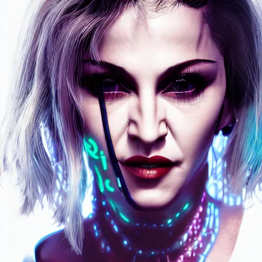 Image similar to madonna portrait, Cyberpunk 2077, photorealistic, ultra detailed, cybernetic head, neon, octane, bokeh, cyber, cyber style, feature, scars, cyberface, 8k