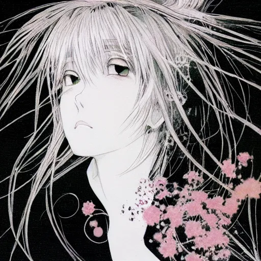 Image similar to Yoshitaka Amano dreamy illustration of an anime girl with white hair and cracks on her face wearing dress suit with tie fluttering in the wind, abstract black and white patterns on the background, head turned to the side, noisy film grain effect, highly detailed, Renaissance oil painting, weird portrait angle