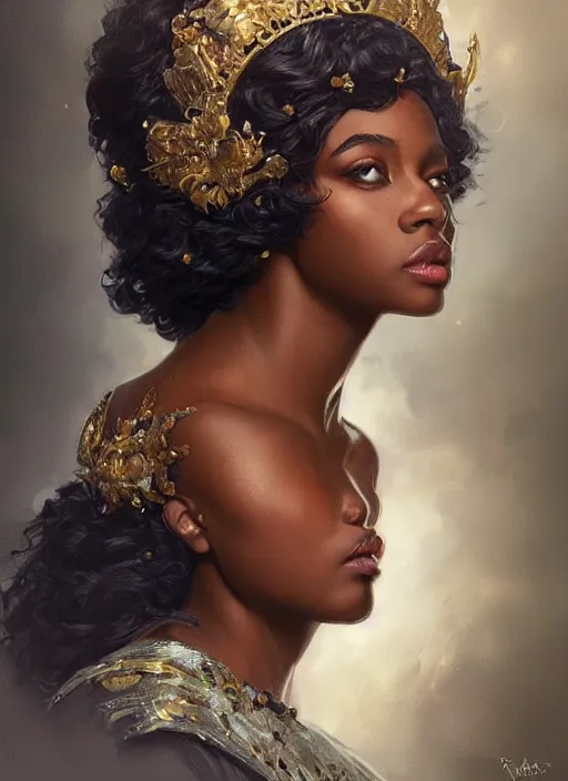 Image similar to portrait of a stunningly beautiful young black woman wearing a crown, highly detailed, digital painting, artstation, concept art, sharp focus, illustration, art by artgerm and greg rutkowski and alphonse mucha, incredibly beautiful and symmetrical face, incredibly detailed, award winning art, royal