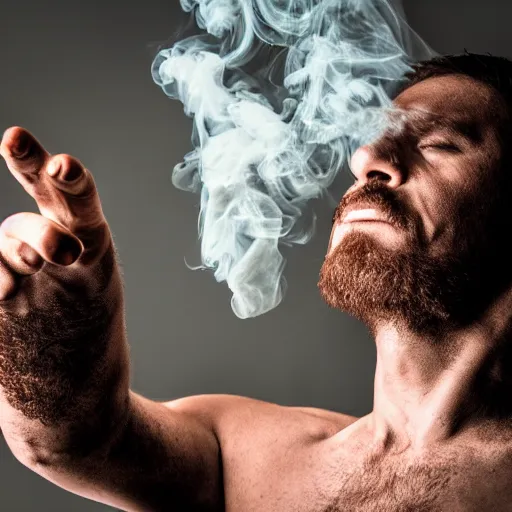 Prompt: photograph of a man in the process of turning into smoke