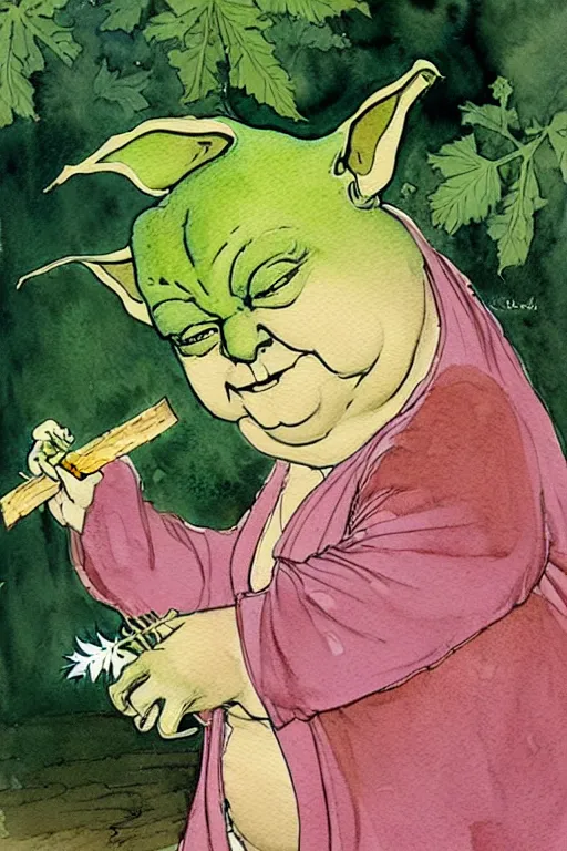 Prompt: a realistic and atmospheric watercolour fantasy character concept art portrait of a fat yoda with pink eyes giggling and holding a blunt with a pot leaf nearby, by rebecca guay, michael kaluta, charles vess and jean moebius giraud