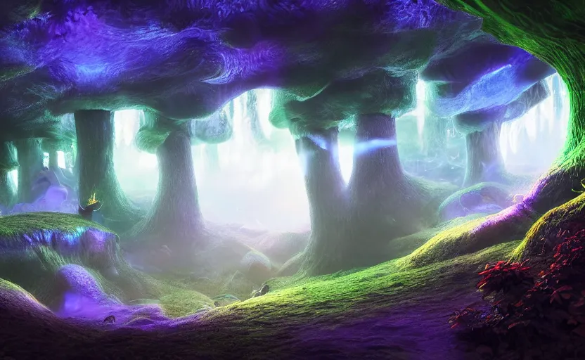 Image similar to a beautiful and stunning professional digital artwork of a glowing mushroom cave, haze, spores floating in the air, waterfall, volumetric lighting, hyperrealistic, rtx on, ultra detail