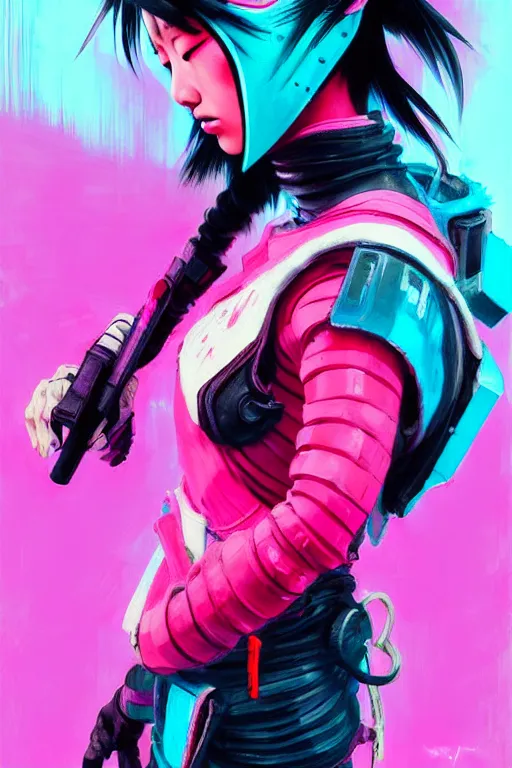 Image similar to stylized japanese girl : ninja - cyberpunk, wearing urban techwear, and armor, painted in acrylic, in the colors hot pink and cyan, beautiful realistic face, spotlight, by greg rutkowski, by jeremy mann, by francoise nielly, by van gogh, by ross tran, in focus