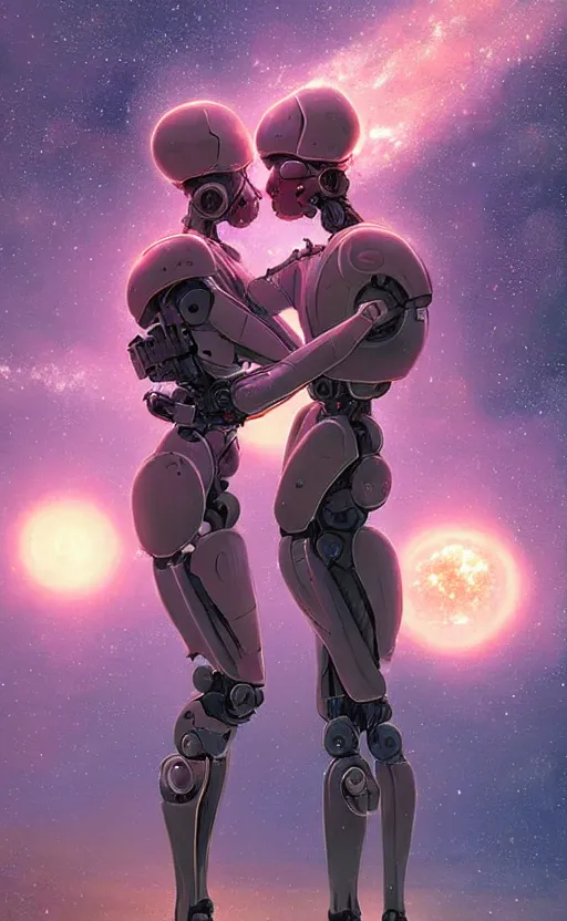 Image similar to digital painting of two humanoid robots hugging each other, supernova in the background, cosmic and stars and planets and galaxy, stunning, surreal, cinematic lighting, concept art by greg rutkowski and simon stalenhag