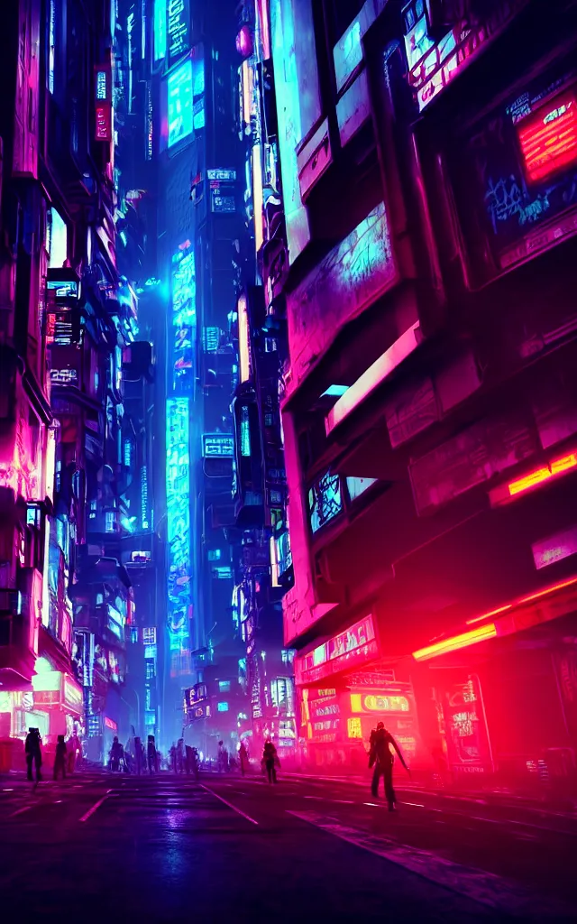 Prompt: concept art of a magnificent dark neon futuristic cyberpunk city bustling street at night cyberart in the style of liam wong in the film akira rendered in octane, 3 d render, trending on cgsociety, blender 3 d, displacement mapped