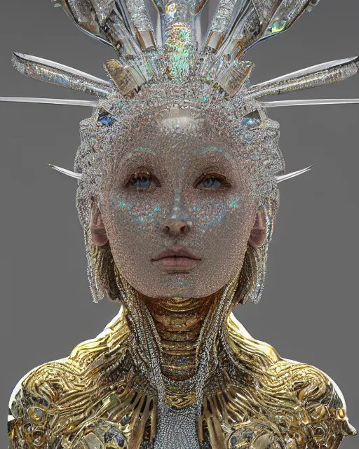 Image similar to a highly detailed metahuman 4 k close up render of an alien goddess bella hadid monument knight in iris van herpen dress schiaparelli in diamonds crystals swarovski and jewelry iridescent in style of alphonse mucha gustav klimt trending on artstation made in unreal engine 4