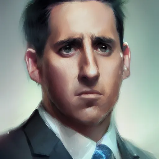 Image similar to hyper realistic, portrait of michael scott, ethnicity : japanese, epicanthal fold, painted by greg rutkowski, wlop, loish,