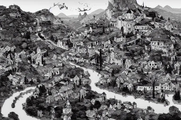 Prompt: crooked fantasy town in a landscape of sleepy hills, artstation, artgerm, by frank frazetta, by peter bruegel the elder, by takato yamamoto, winding river in center, walled palace on top of a hill, townscape, black and white