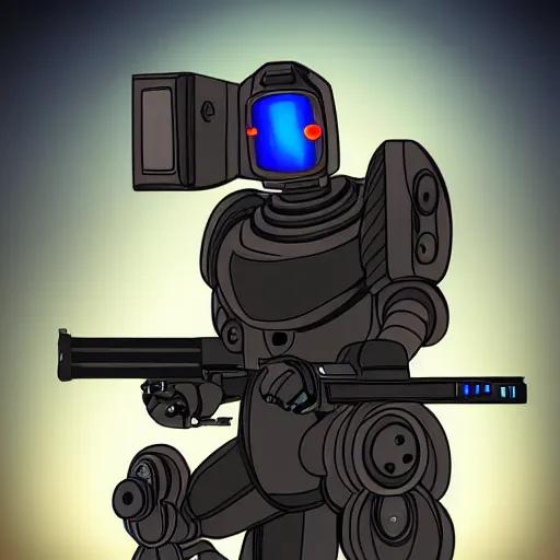 Image similar to robot with a crt color bars tv screen for a head holding a sniper rifle. character design. digital art. masterpiece.