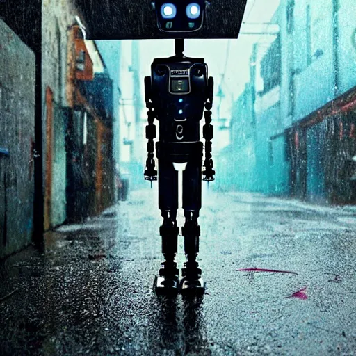 Prompt: a futuristic robot inspired by 18th century samurai. Rainy Grungy neon cyberpunk alleyways in the background Badass pose , Photo realistic , Gregory Crewdson , Award winning. Masterpiece, exquisite detail, post processing