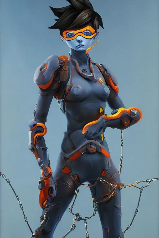 Image similar to full figure, painting of tracer from overwatch, in style of zdzisław beksinski, horror, 4 k, feminine facial features, full armor, full armor, detailed face, tall, dark ropes and chains in background