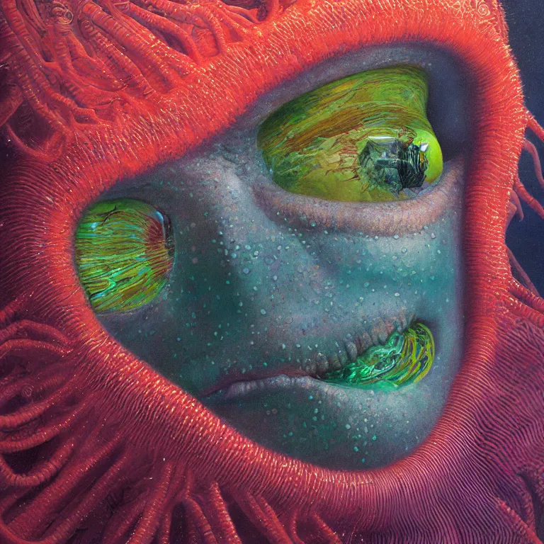 Image similar to Hyperrealistic intensely colored close up studio Photograph portrait of a deep sea bioluminescent Tom Holland, symmetrical face realistic proportions eye contact golden eyes, Smiling in a coral reef underwater, award-winning portrait oil painting by Norman Rockwell and Zdzisław Beksiński vivid colors high contrast hyperrealism 8k